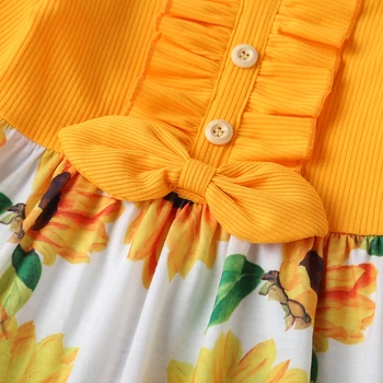 Jeseni Otroci Oblačila Dekleta Sončnice Obleko Obleke 1-6Y Dolg Rokav Tiskanja Bowknot A-Line Oblačenja