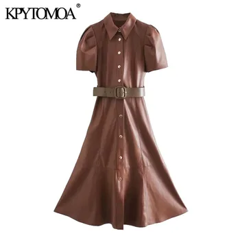 KPYTOMOA Ženske 2020 Moda S Pasom Umetno Usnje Midi Dress Vintage Puff Rokav Snap-gumb za Ženske Obleke Vestidos Mujer