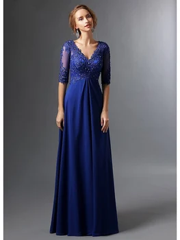 Royal Modra 2019 Mati Nevesta Obleke A-linijo Proti-vrat Pol Rokavi Šifon Čipke Dolgo Elegantno Ženina Mati Obleke, Poroka