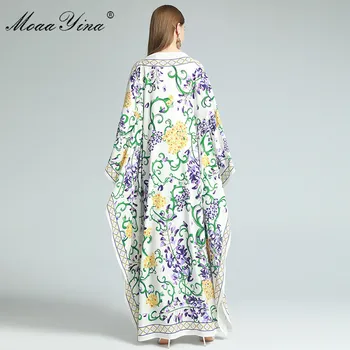 MoaaYina Modni Oblikovalec obleko Pomlad Ženske noše Batwing Rokav Cvjetnim Natisni Maxi Svoboden Haljo Obleke