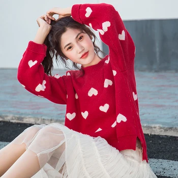 Ženski korejski kawaii srčkan Ohlapno okoli vratu barva ljubezni pulover ženske puloverji Japonski harajuku Ulzzang oblačila za ženske
