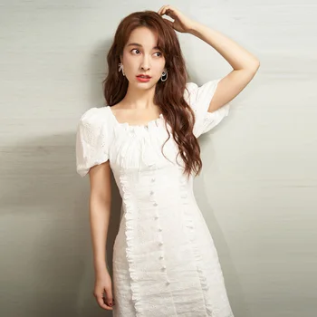 Votlo Iz Bombaža Belo Obleko 2020 Poletje Ženske High-end izrežemo Ruffles Kratko Sapo Rokav Mini Obleko Eleganten Stranka Obleko