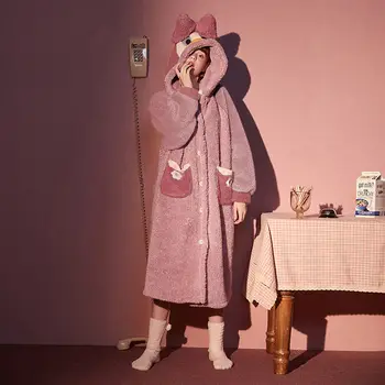 Ženske Pižame Hooded Nightgown Risanka Srčkan Toplo Pijama Plišastih Živali Coral Runo Sleepwear Ženski Dekle, Homewear Dolgi kopalni plašč