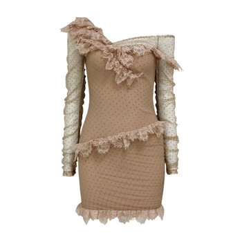 2020 Modno Elegantna Mini Klub, Obleko Pomlad Ženske Z Dolgimi Rokavi V Vratu Čipke Ruffles Pika Očesa Bodycon Povoj Obleko Vestidos