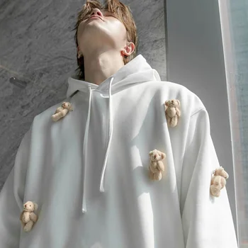 Moški puloverji s kapuco Domače jeseni priložnostne dolgo sleeved svoboden študent risanka tri-dimenzionalni beli medved majica za moške hooded trend