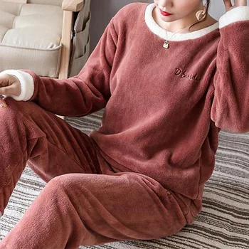 2020 Pozimi Flanela Pižamo Nastavite Ženske Korejski Dolg Rokav Jopice Elastični Pas Hlače Sleepwear Žamet Homewear Salon Obrabe