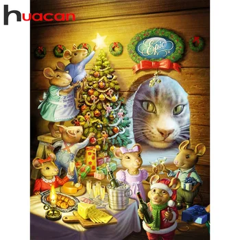 Huacan 5D Diamond Slikarstvo Božično Drevo Polno Kvadratnih/Krog Diamond Vezenje Mačka Miško Wall Art Ročno Darilo