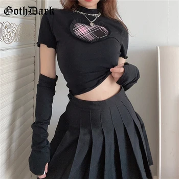 Goth Temno Harajuku Kwaii Gothic Graphic T-Majice Črne Pastelnih Goth Punk E-Sladko Dekle Ruffles Bodycon Ženske Crop Tops Ulične
