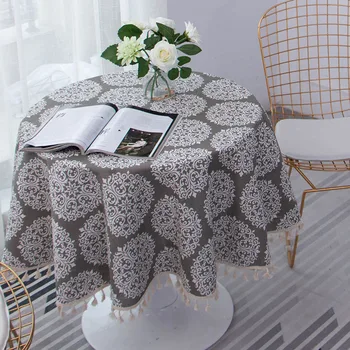 Evropski stil siva bombaž in lan okrogel prt visoka kakovost, elegantna rese jedilno mizo natisnjeni dekorativni hotel pokrov