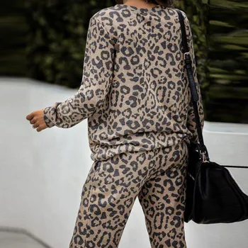 Leopard Natisniti 2 Kos Set Home Obleko Jeseni, Pozimi Long Sleeve Zgornji Del In Hlače, Hlače Salon Obrabe Priložnostne Obleko, Ženske Oblačila