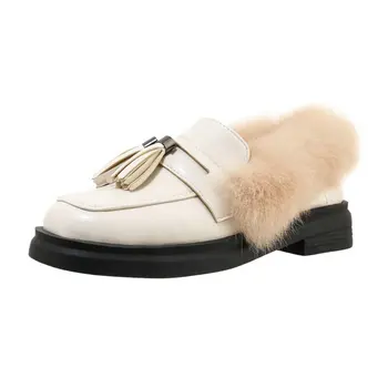 Luksuzne blagovne znamke oblikovalec ženske čevlje rese močen nizkih petah ženska slip-on loafers zimske čevlje s specializiranimi za umetno krzno, plus velikost 33-46