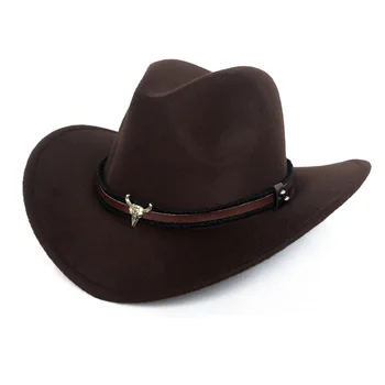 Kovinski krava glavo zahodni kavbojski klobuk jesen in zimo, volnene jazz klobuk počutil klobuk moške in ženske klobuk