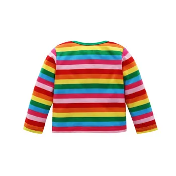 Baby Girl Obleke Jeseni Mavrica Prugasta T-shirt Otroci Otrok Dolg Rokav Moda Mehko Bombažno Bluzo Vrhovi