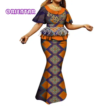 Moda Afriške Krila Nastavite Ženske Afriške Tiskanja Aplicirano Vrhovi in Dolga Krila Ženske Afriška Oblačila Obleke WY6402