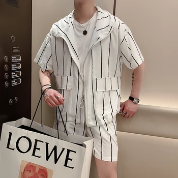 Korejski Poletne Moške Kratke Določa Moda 2020 Tanke Hooded Majica Moški + Hlače Priložnostne Svoboden Črtaste Srajce Za Moške Dva Kosa Določa 2XL