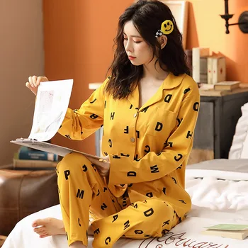 Pismo Božič Pižamo 2020 Ženske Pižame Bombaž Dolg Rokav Domov Nositi Proti-vrat, Tanek korejski Pomlad Jesen Rumena Pajama Set