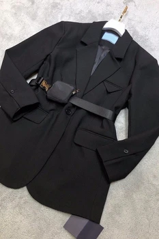 Nova jesensko obleko, mehko različico, preprost stil, ujemanje pasu, majhno vrečko, kaki in črna barva ženska jakna