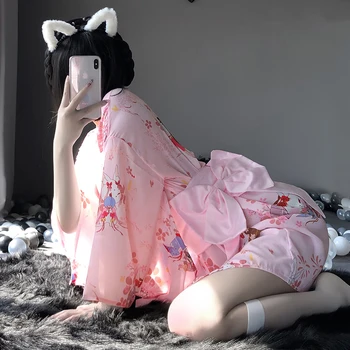 Japonski Kimono Seksi Cosplay Enotno Za Ženske Mehka Svila Pasu 3pcs Nastavite Rdeče Roza Tradicionalni Slog Haljo AV Kostume Pižamo 2020