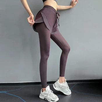 Vijolična vadbo fitnes teče dokolenke, hlačne nogavice Ženske dvojno plast šport joga hlače Telovadnici visoko pasu jogging hlače