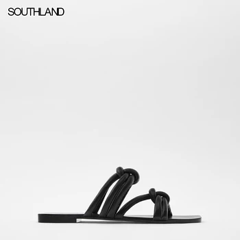 SOUTHLAND žensk črni čevlji iz usnja Ženske Copate Poletje ravno Modni Sandali z blagovno Znamko čevlji