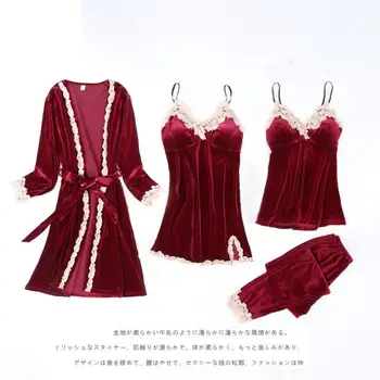 Jeseni, Pozimi Nova Pasja Pižamo Nastavite Seksi Žensk 4PCS Haljo bo Ustrezala More Mehko Kimono Plašč Velur More Priložnostne Homewear