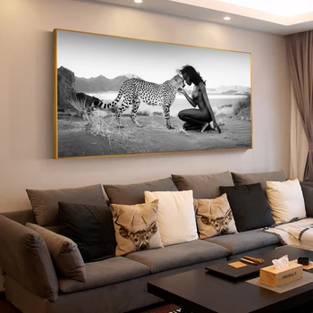 Črna Ženska S Cheetah Platno Umetnosti Plakatov In Fotografij Divje Živali, Pokrajine Platna Slike na Steni Nordijska Umetniške Slike