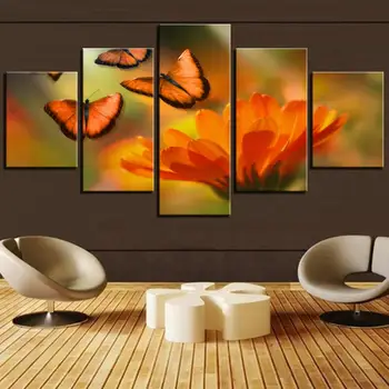 5 Kosov Cvetja Platno Oljna Slika, Metulji Plakati Oranžno Barvo Slike Rastlin In Žuželk Ozadja Za Sobi Doma Dekor