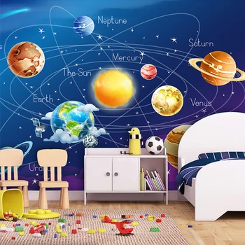Dropship po Meri Zidana Walpaper 3D Cartoon Planet Sončnega Sistema Fotografijo za Ozadje Otroci Soba Modro Ozadje Otroci Ozadje Stenski Dekor