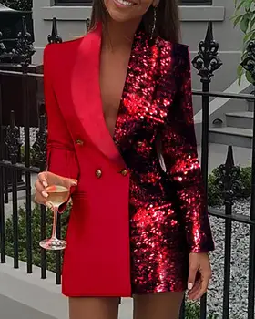 Ženske Sequined Mozaik Jopič Obleko Colorblock Sequins Dolg Rokav Obleka Elegantna Zapeto Design Office Obleke