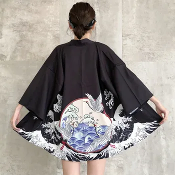 Kimono Jopico Priložnostne Pol Rokav Ohlapno Črno Elegantno Ženske Japonski Modni Kimono Žensk japonski slog Jakna