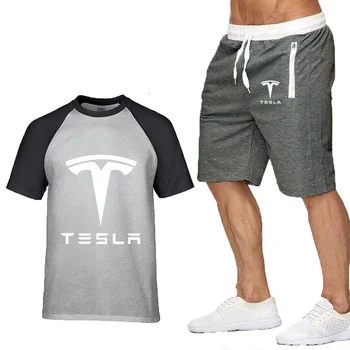 Novo leto 2020 Poletne Moške Majice s kratkimi rokavi Tesla Car Logotip Natisniti Moda Bombaža, Kratek Rokav Posadke vratu Moški T-shirt majica+hlače 2pcs obleko
