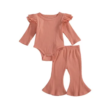 Oblačila za malčke Baby Dekleta Romper Trdna Ruffle Dolgimi Rokavi, okoli Vratu Gumb Zaprtje Romper Dolge Hlače 2PCS Novorojenčka Set