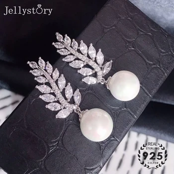 Jellystory ženska uhani 925 srebrni nakit s sladkovodnimi biseri cirkon gemstone listov obliko spusti uhan poroka banket stranka