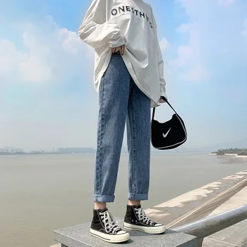 GUUZYUVIZ Naravnost Jeans Ženska Modrega Jeansa Harem Hlače Visoko Pasu Plus Velikost Nepakirana Jeans Hlače Priložnostne korejski