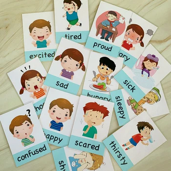 14Pcs Montessori Otroci, Učenje Igrače angleški Učnih Kartic Risanka Razpoloženje, Čustva Flash Kartice Začetku Izobraževalne Igrače za Otroke