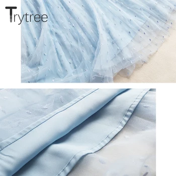 Trytree 2020 Jeseni Ženske Priložnostne Voile Obleko Lok Imperij Fashion Lace Mozaik Mid-Tele A-Linije Elegantne Urad Dama Modra Obleka