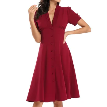 Ženske A-line Trdna Vintage Obleko Rdeče Vintage Obleko Elegantne Retro Kolena-dolžina Obleko Kratkimi Vestidos Plus Velikost#J30