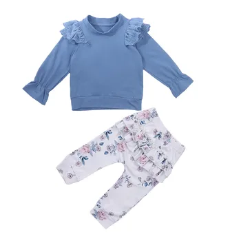2020 Sladko Otroci Baby Dekle Pade Oblačila Modra Trdna Čipke Dolg Rokav T-shirt+Cvjetnim Tiskanja Dolge Hlače Mehko Bombažno Obleko 2pcs