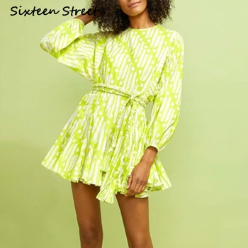 2020 Novo Jeseni Zeleni Trak Obleka Ženska Z sashes Boho vintage O-vratu puff rokav klovn vestido vzletno-pristajalne steze design ženska obleka
