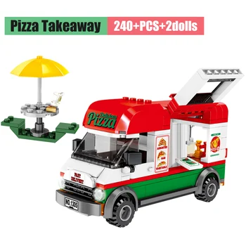 SEMBO City Ustvarjalne Takeaway Pizza Avto gradniki Street View Sanitarij, Čiščenje Vozila Številke Opeke Igrače za Otroka