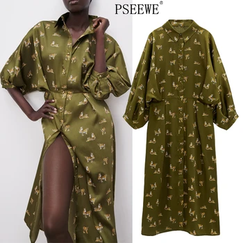 PSEEWE Za Obleko Ženske Zelena Tiger Tiskanja Dolgimi Rokavi Obleka Ženska 2021 Elegantna Gumb Puff Rokav Stranka Obleke, Ženski Priložnostne Obleke
