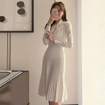 Pletena Obleka Ženske 2019 Jeseni Novo Lok Dolgi Rokav Pletenine Pulover Elegantno Obleko Ženski Priložnostne Korejske Modne Obleke Naguban