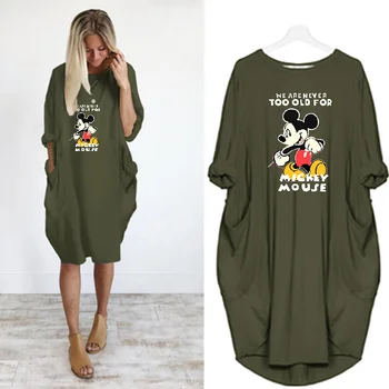 Disney Mickey Minnie Ženske obleke Žep Plus Velikost Svoboden Tisk Kolena-dolžina Obleko Priložnostne Letnik Vestido Ženske Preveliko Obleko