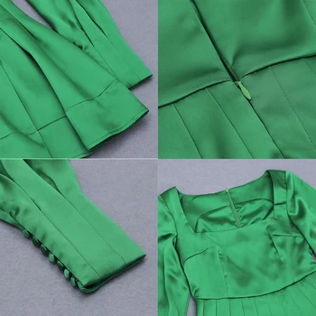 2021 Poletje Ženske Naguban Ruffles Zelena Mini Obleka Ženske Kvadratnih Vratu Dolg Rokav Nizko Rezano Priložnostne Preprost Shor Obleko Vestidos