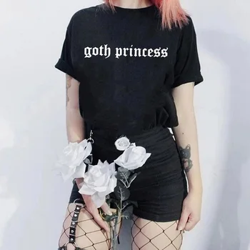 Goth Princesa Pismo Nove Punk Ulzzang Letnik Smešno Črno Grozo Hip Hop Kratek Rokav Gothic Vrhovi Tees Poletje Ženske T-Shirt