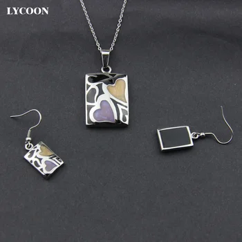 LYCOON najnovejši iz nerjavečega jekla srce slog z vijolična siva smolo, ogrlico, obesek, emajl uhani nakit set za ženske LYS008