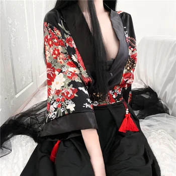 Seksi Črna Natisnjeni Erotično Spodnje Perilo, Japonske Jopico Kimono Vlogo Igrajo Kostume Split Štiri-Kos Obleko Sleepwear 2021 Nova