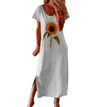 Žensk je Bohemian Sundress Poletje Obleko 2020 Kratek Rokav Sončnično Print Maxi Dolgo Obleko Priložnostne Svoboden Plaža Obleko Preprosta