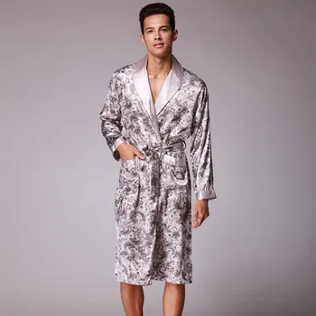 Moški Svile, Poleti in Jeseni Luksuzni Satenast Kimono kopalni plašč Tiskanja Koleno Dolžina Dolg Rokav Vinska Kopel Haljo Hišna Obleke Sleepwear