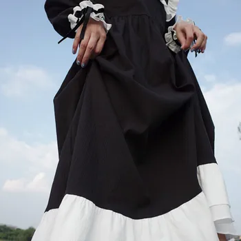 Obleka Ženske Jeseni Black Preppy Japonski Stil Počitnice Retro Simlpe Udobno A-line Mozaik Mode Dame, Vse-ujemanje Dodatki